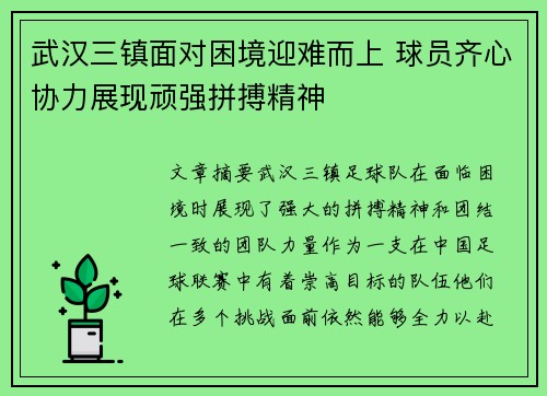 武汉三镇面对困境迎难而上 球员齐心协力展现顽强拼搏精神