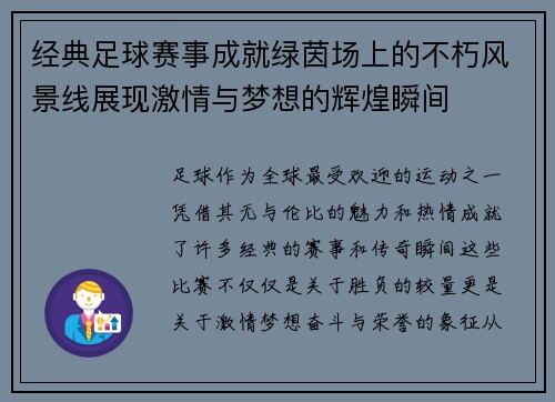 经典足球赛事成就绿茵场上的不朽风景线展现激情与梦想的辉煌瞬间