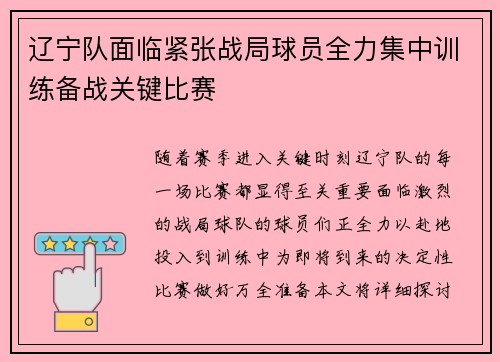 辽宁队面临紧张战局球员全力集中训练备战关键比赛