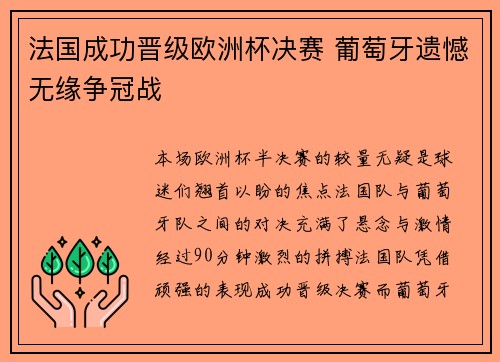 法国成功晋级欧洲杯决赛 葡萄牙遗憾无缘争冠战