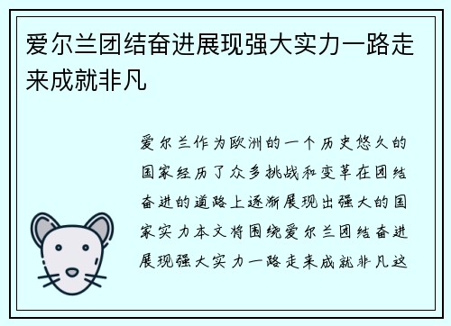爱尔兰团结奋进展现强大实力一路走来成就非凡